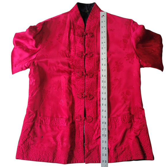 Vtg 1949 Reversible Chinese Silk Jacket Red Black Tang Floral Embroidered M - Picture 6 of 14